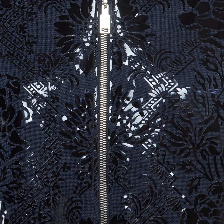 Pre Owned Louis Vuitton Navy Blue Floral Pattern Leather Trim Knit Zipper Jacket L