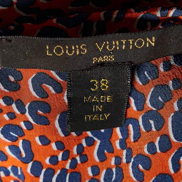 Pre Owned Louis Vuitton Orange Leopard Print Silk Elasticized Waist Mini Dress M
