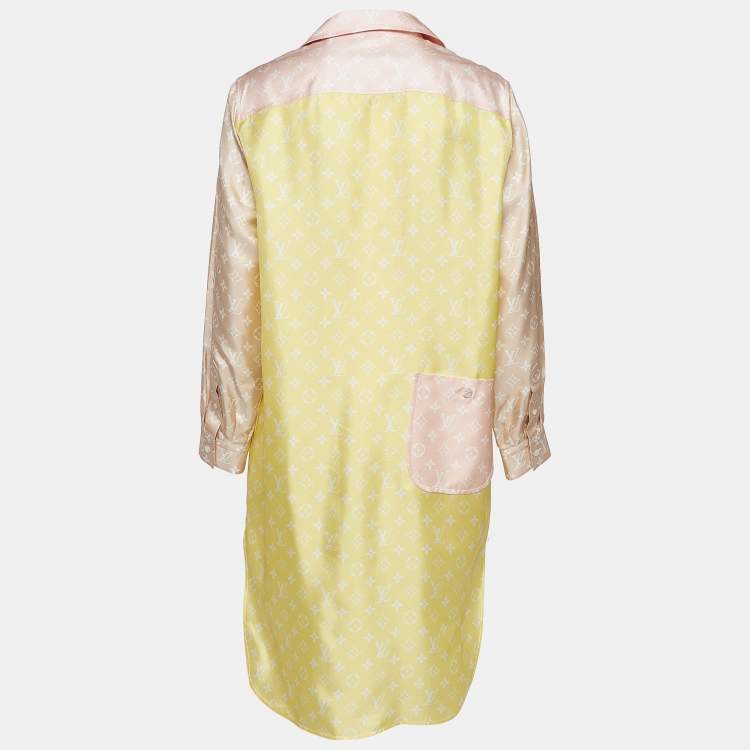 Pre Owned Louis Vuitton Pastel Yellow Monogram Silk High-Low Mini Shirt Dress S   