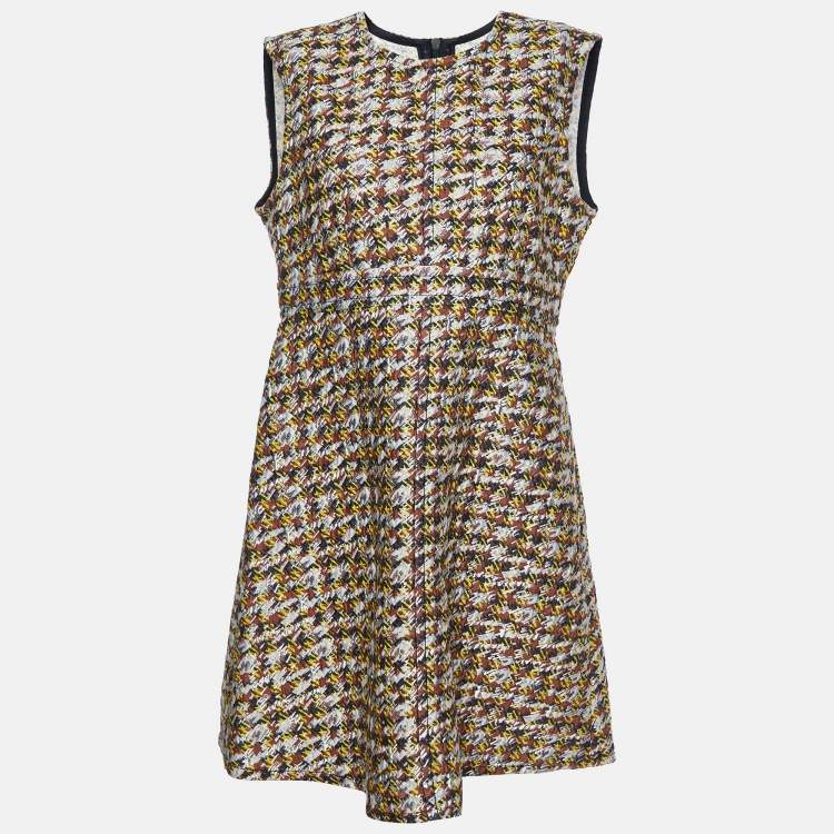 Pre Owned Louis Vuitton Brown Houndstooth Pattern Wool Sleeveless Dress L