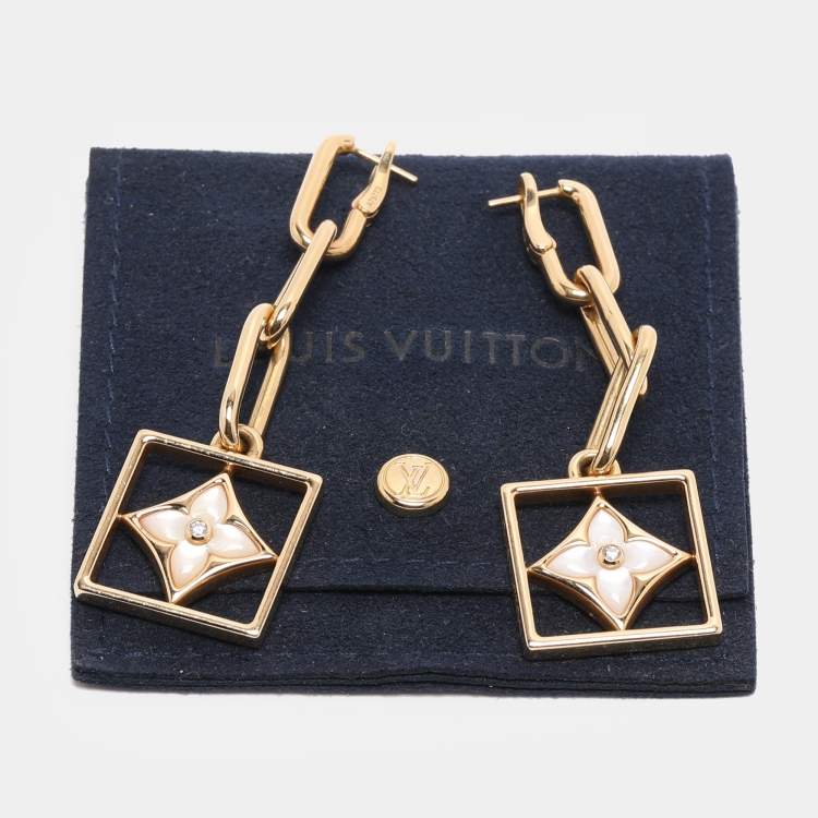 Pre Owned Louis Vuitton B Blossom Yellow Gold, White Mother-of-Pearl and Diamond Dangle Earrings