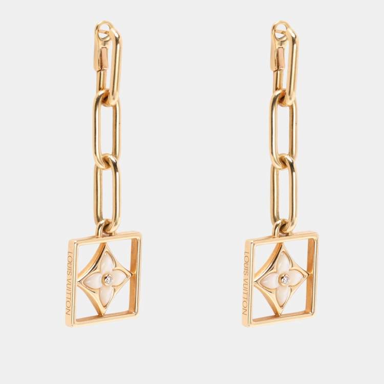 Pre Owned Louis Vuitton B Blossom Yellow Gold, White Mother-of-Pearl and Diamond Dangle Earrings