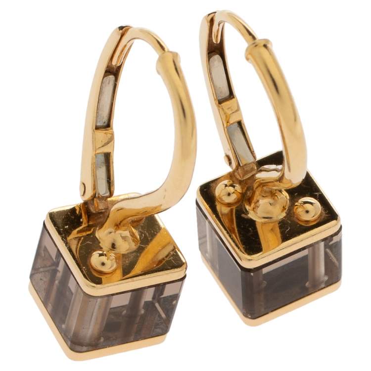 Pre Owned Louis Vuitton Emprise Cube Smoky Quartz 18k Yellow Gold Drop Earrings