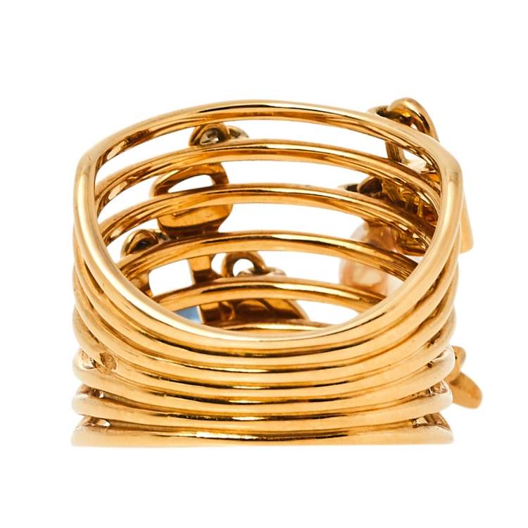 Pre Owned Louis Vuitton Monogram Charm Cultured Pearl 18K Yellow Gold Cocktail Ring Size 54