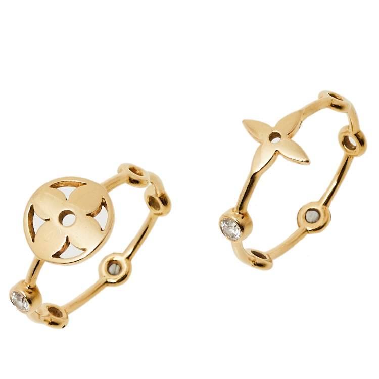 Pre Owned Louis Vuitton Monogram Idylle Blossom Diamond 18k Yellow Gold Set of Two Rings Size 57