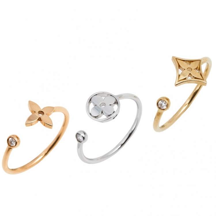 Pre Owned Louis Vuitton Idylle Blossom Diamond 18K Three Tone Gold Set of 3 Rings Size 57
