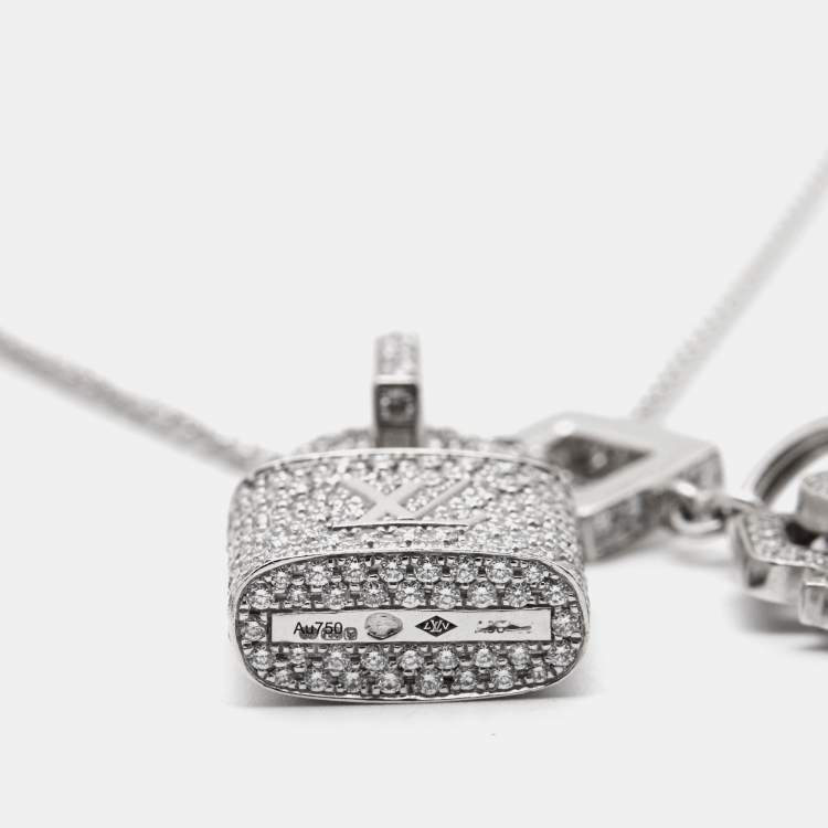 Pre Owned Louis Vuitton Lock It Key Padlock Diamonds 18k White Gold Pendant Necklace