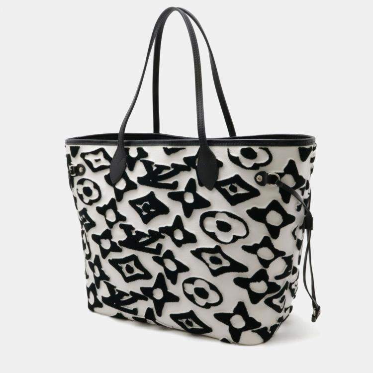 Pre Owned Louis Vuitton Black White Neverfull MM Tote Bag