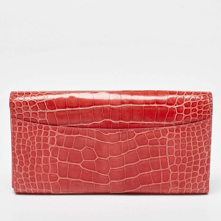 Pre Owned Louis Vuitton Orange Alligator Leather Vivienne LV Long Wallet
