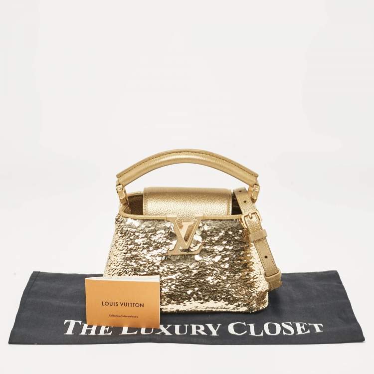 Pre Owned Louis Vuitton Gold Leather and Sequins Capucines Mini Bag