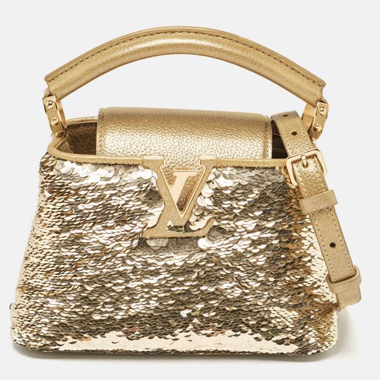 Pre Owned Louis Vuitton Gold Leather and Sequins Capucines Mini Bag
