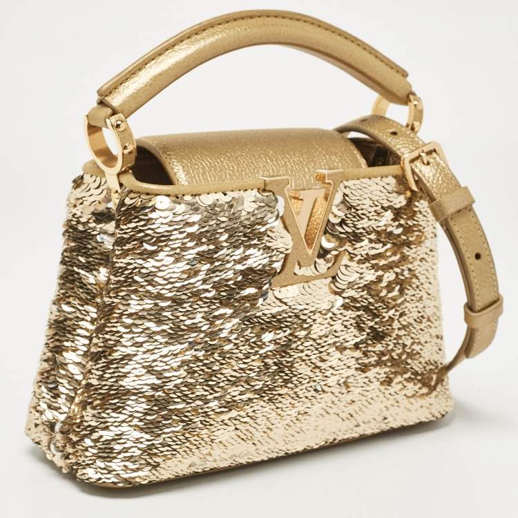 Pre Owned Louis Vuitton Gold Leather and Sequins Capucines Mini Bag