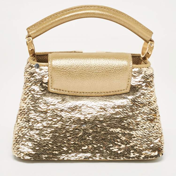 Pre Owned Louis Vuitton Gold Leather and Sequins Capucines Mini Bag
