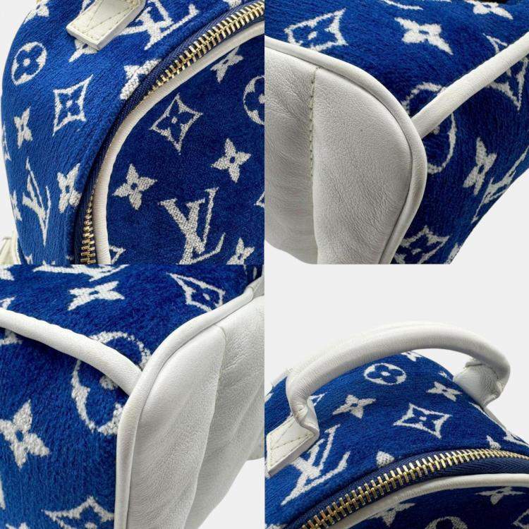 Pre Owned Louis Vuitton Leather Blue White Gold Monogram Jacquard Velvet Palm Springs MINI Backpack