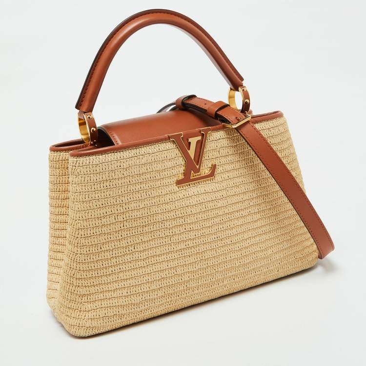 Pre Owned Louis Vuitton Raffia and Leather Trim Capucines MM Bag
