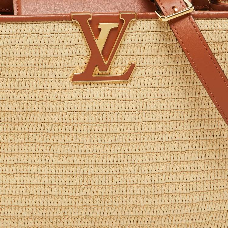 Pre Owned Louis Vuitton Raffia and Leather Trim Capucines MM Bag