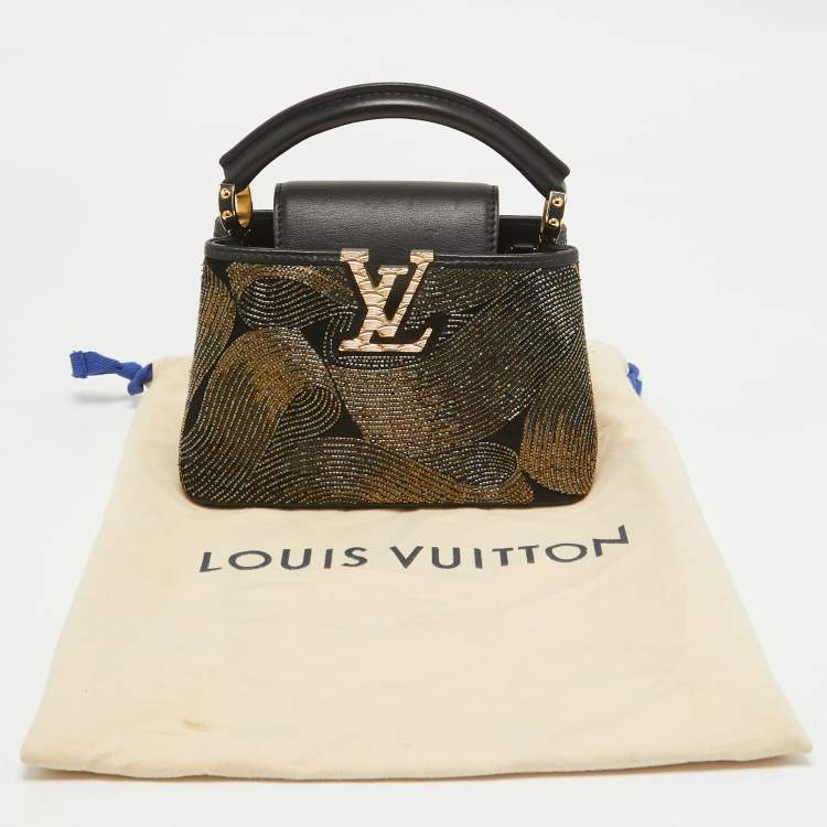 Pre Owned Louis Vuitton Black/Gold Beaded Embroidered Cruella Satin Capucines Mini Bag
