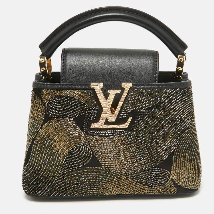 Pre Owned Louis Vuitton Black/Gold Beaded Embroidered Cruella Satin Capucines Mini Bag
