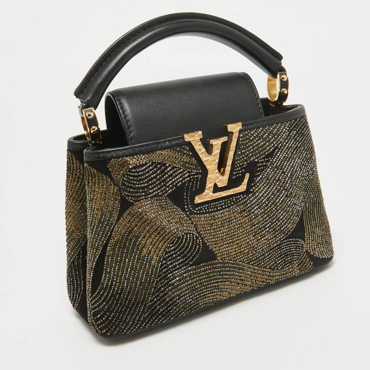 Pre Owned Louis Vuitton Black/Gold Beaded Embroidered Cruella Satin Capucines Mini Bag