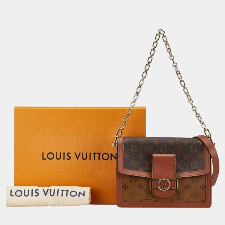 Pre Owned Louis Vuitton Brown Pvc Leather Monogram Reverse Dauphine Mm Chain Shoulder Bag