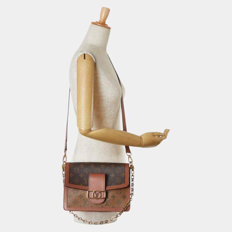 Pre Owned Louis Vuitton Brown Pvc Leather Monogram Reverse Dauphine Mm Chain Shoulder Bag