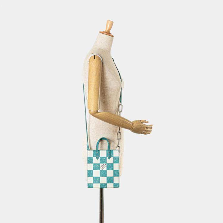 Pre Owned Louis Vuitton Green White Damier Checkerboard Sac Plat XS Shoulder Bag