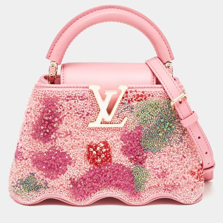 Pre Owned Louis Vuitton Rose Embroidered Satin Capucines Capushell Mini Bag