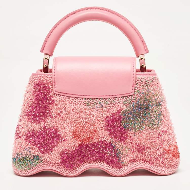 Pre Owned Louis Vuitton Rose Embroidered Satin Capucines Capushell Mini Bag