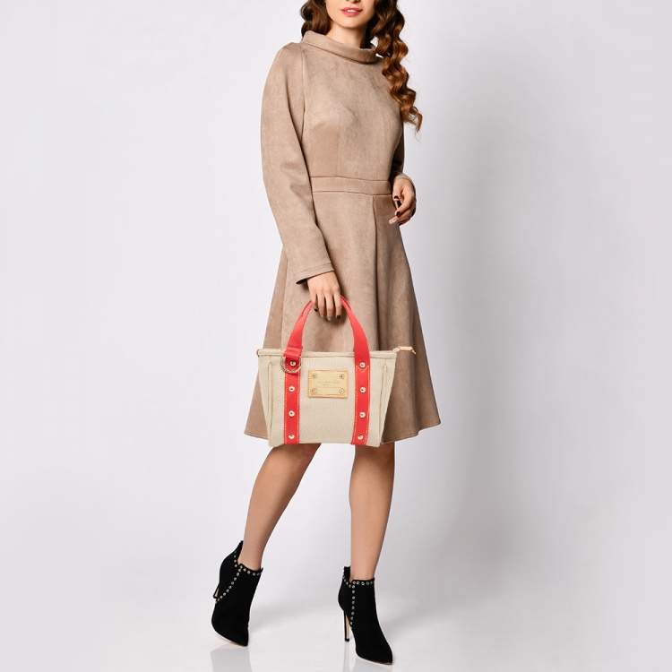 Pre Owned Louis Vuitton Beige/Red Canvas Antigua Cabas PM Bag