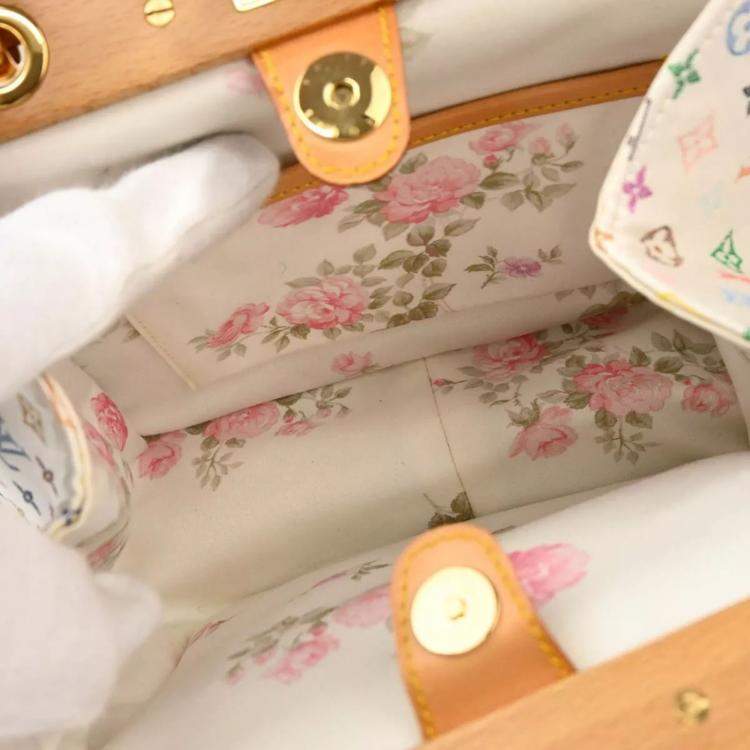 Pre Owned Louis Vuitton White Silk Satin Monogram Multicolor Abelia Top Handle Bag