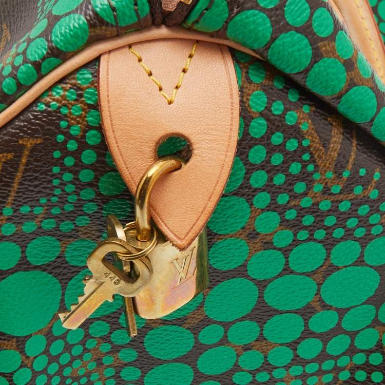 Pre Owned Louis Vuitton Green Monogram Canvas Yayoi Kusama Town Speedy 30 Bag w/Wallet