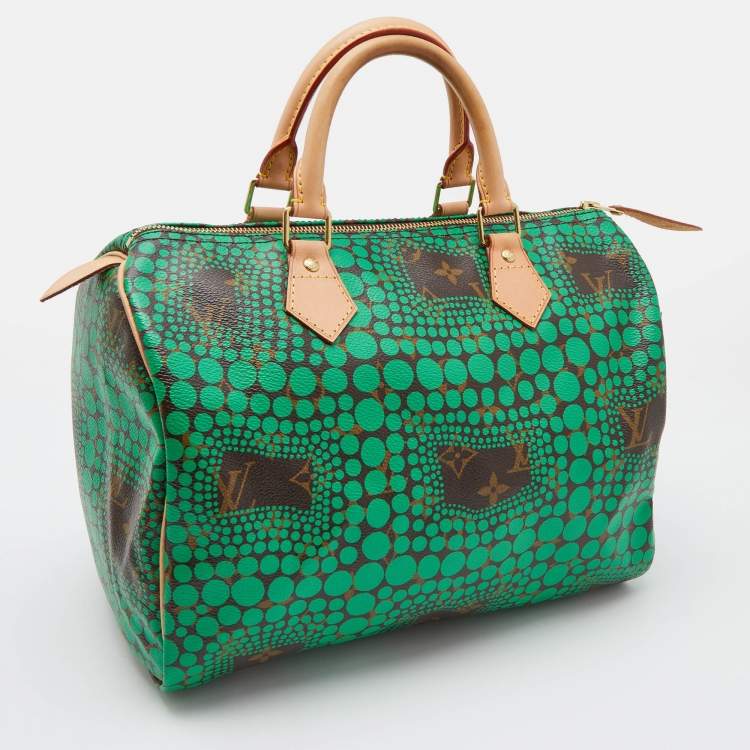Pre Owned Louis Vuitton Green Monogram Canvas Yayoi Kusama Town Speedy 30 Bag w/Wallet