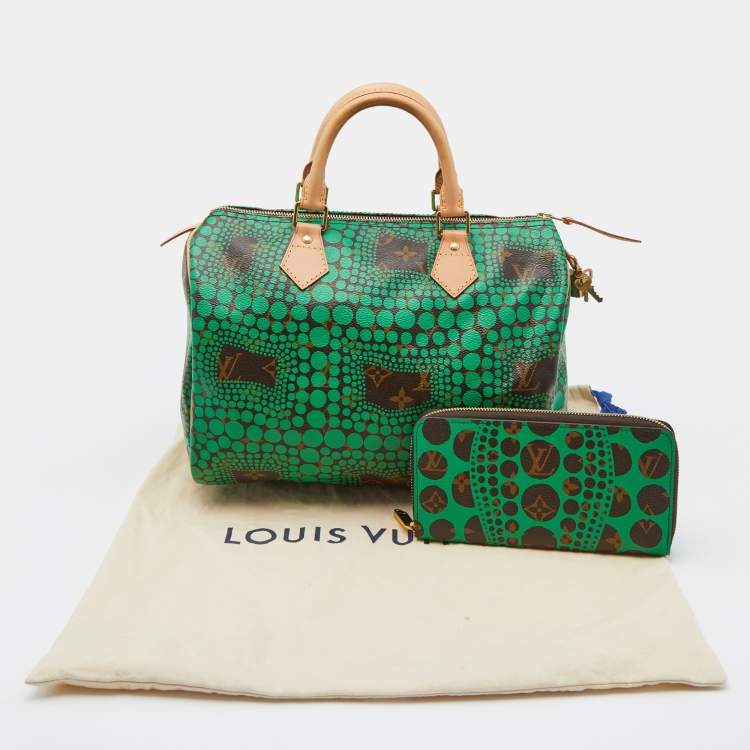 Pre Owned Louis Vuitton Green Monogram Canvas Yayoi Kusama Town Speedy 30 Bag w/Wallet