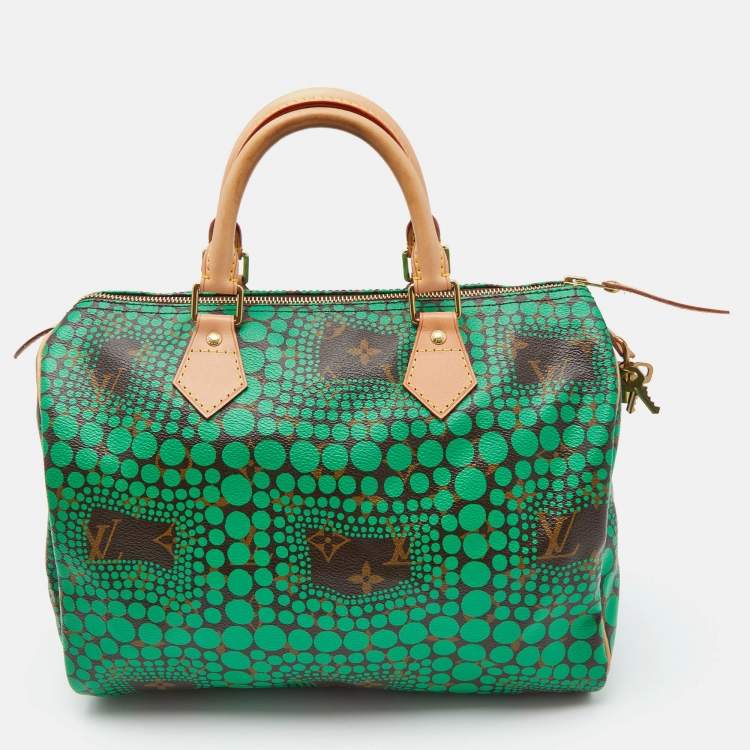 Pre Owned Louis Vuitton Green Monogram Canvas Yayoi Kusama Town Speedy 30 Bag w/Wallet