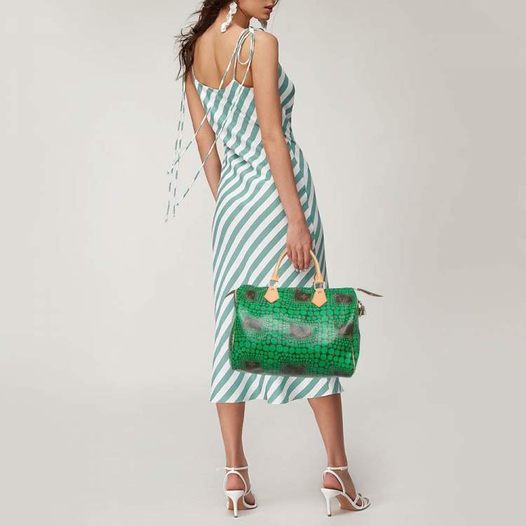 Pre Owned Louis Vuitton Green Monogram Canvas Yayoi Kusama Town Speedy 30 Bag w/Wallet