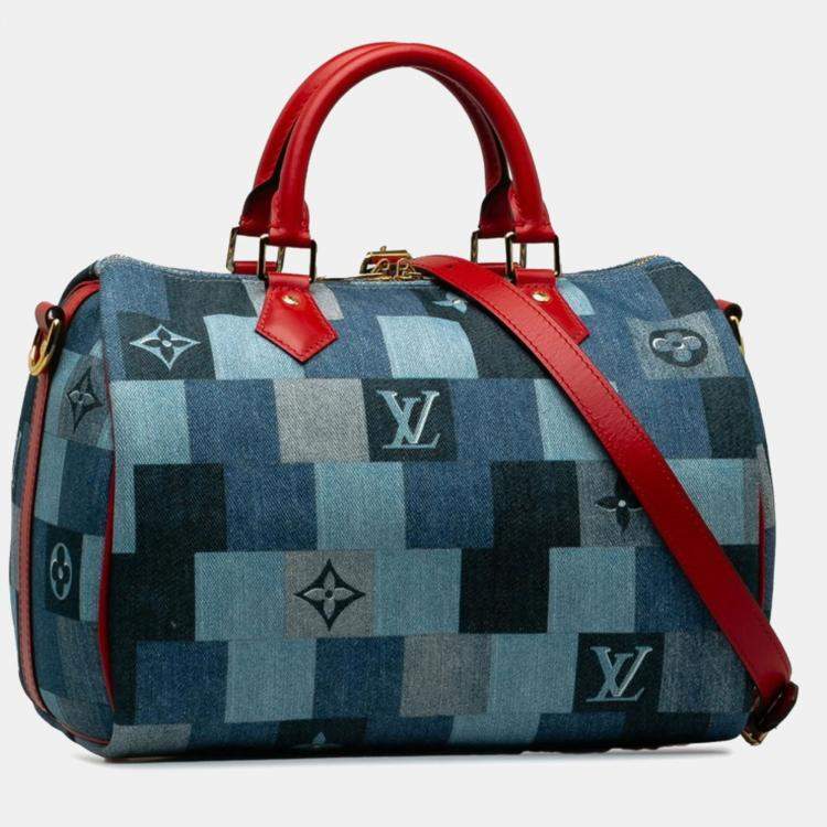 Pre Owned Louis Vuitton Monogram Denim Speedy Bandouliere 30 Square Patchwork Shoulder Bag