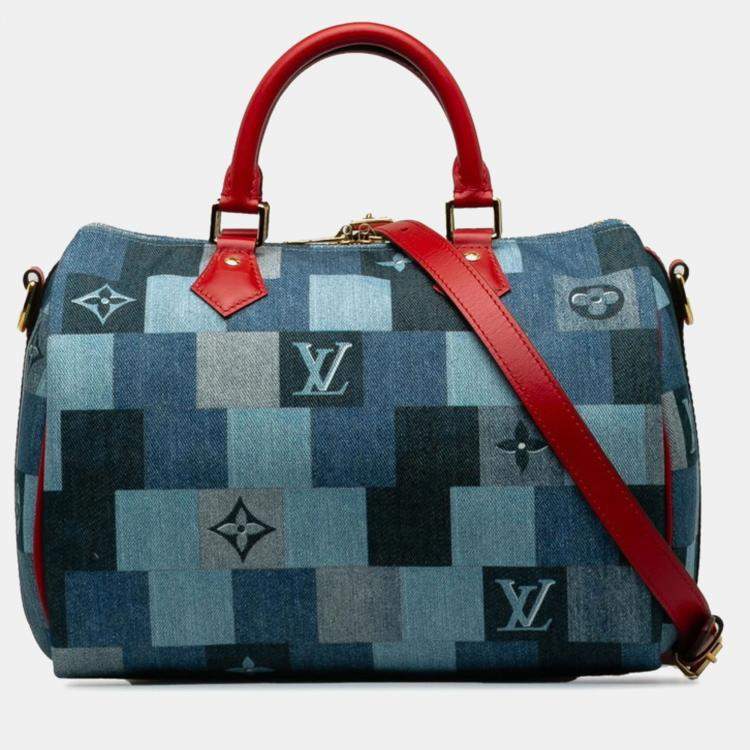 Pre Owned Louis Vuitton Monogram Denim Speedy Bandouliere 30 Square Patchwork Shoulder Bag