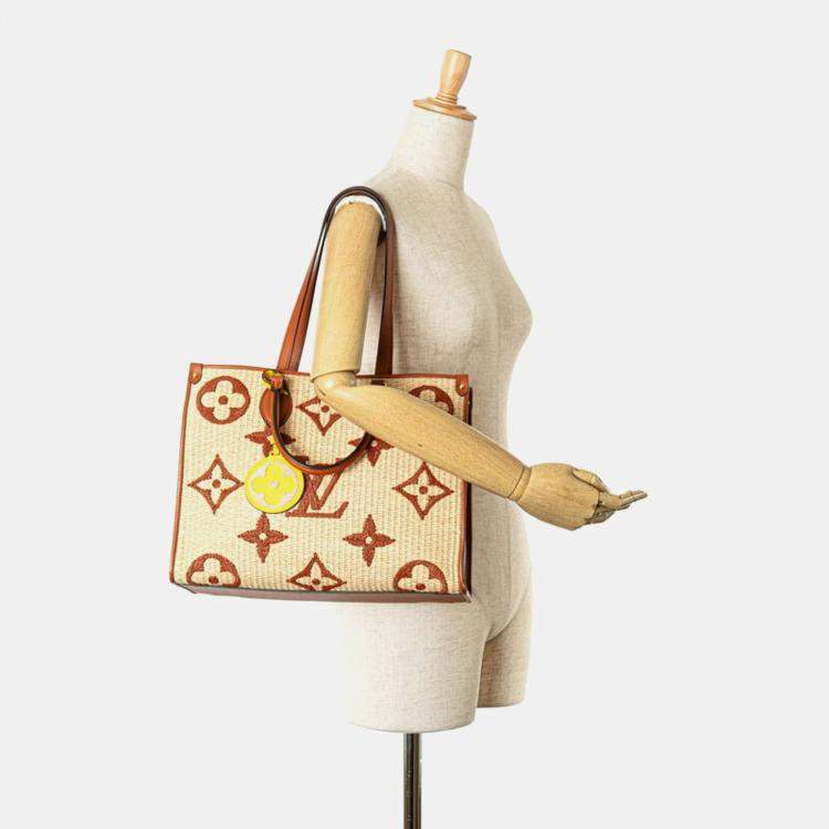 Pre Owned Louis Vuitton Brown/Beige Raffia Calfskin Monogram Giant Onthego GM Tote Bag 