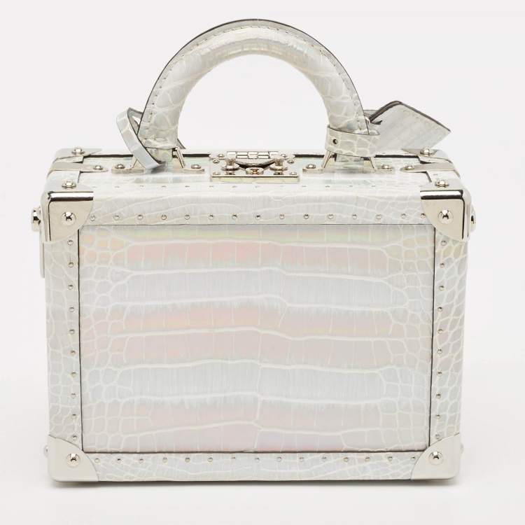 Pre Owned Louis Vuitton Silver Holographic Crocodile Petite Valise Bag