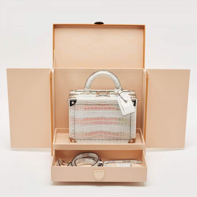 Pre Owned Louis Vuitton Silver Holographic Crocodile Petite Valise Bag