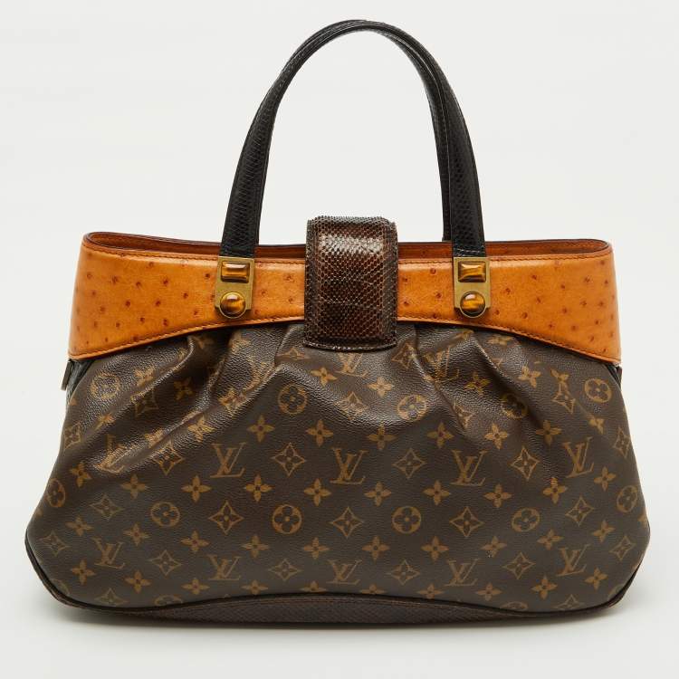 Pre Owned Louis Vuitton Ostrich, Snakeskin Trim and Monogram Canvas Waltz Oskar Bag
