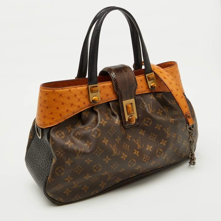 Pre Owned Louis Vuitton Ostrich, Snakeskin Trim and Monogram Canvas Waltz Oskar Bag