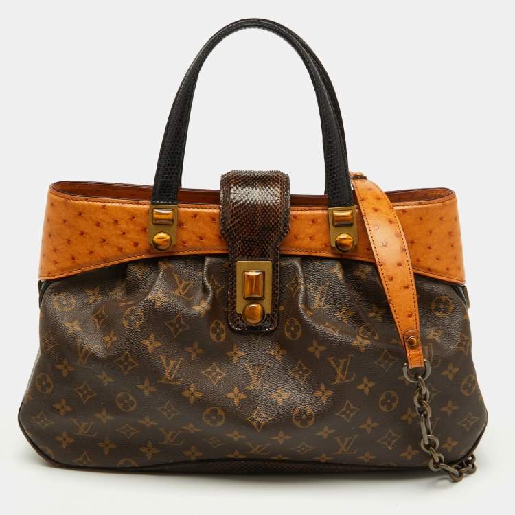 Pre Owned Louis Vuitton Ostrich, Snakeskin Trim and Monogram Canvas Waltz Oskar Bag