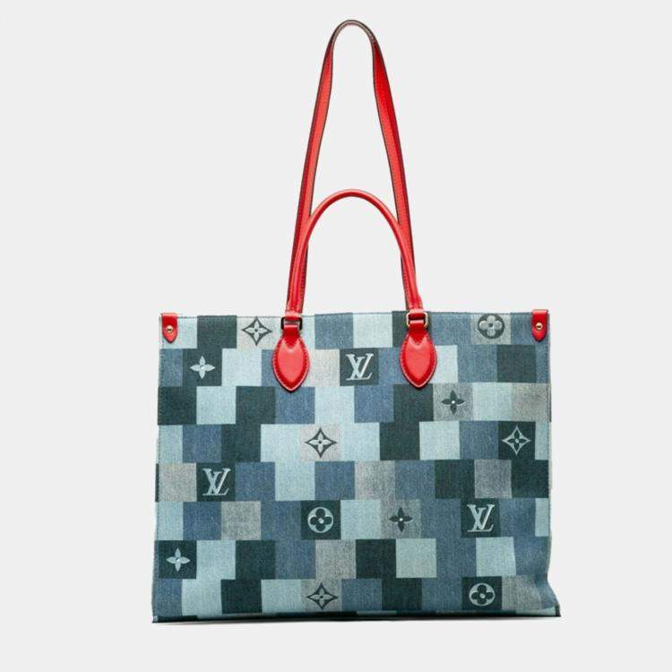 Pre Owned Louis Vuitton Blue Red Leather Monogram Denim OnTheGo GM Tote Bag