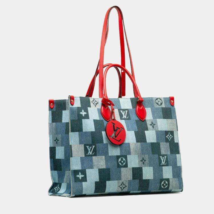 Pre Owned Louis Vuitton Blue Red Leather Monogram Denim OnTheGo GM Tote Bag
