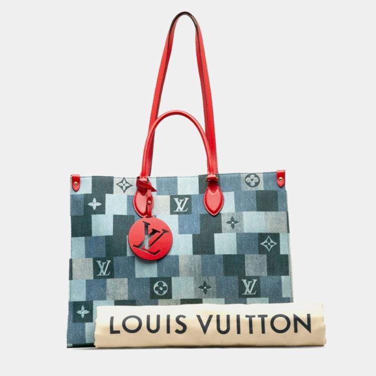Pre Owned Louis Vuitton Blue Red Leather Monogram Denim OnTheGo GM Tote Bag