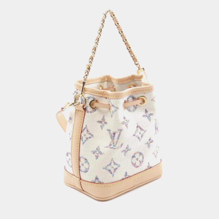 Pre Owned Louis Vuitton White Canvas Leather Nano Noe Monogram Jacquard Handbag 