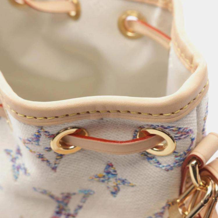 Pre Owned Louis Vuitton White Canvas Leather Nano Noe Monogram Jacquard Handbag 