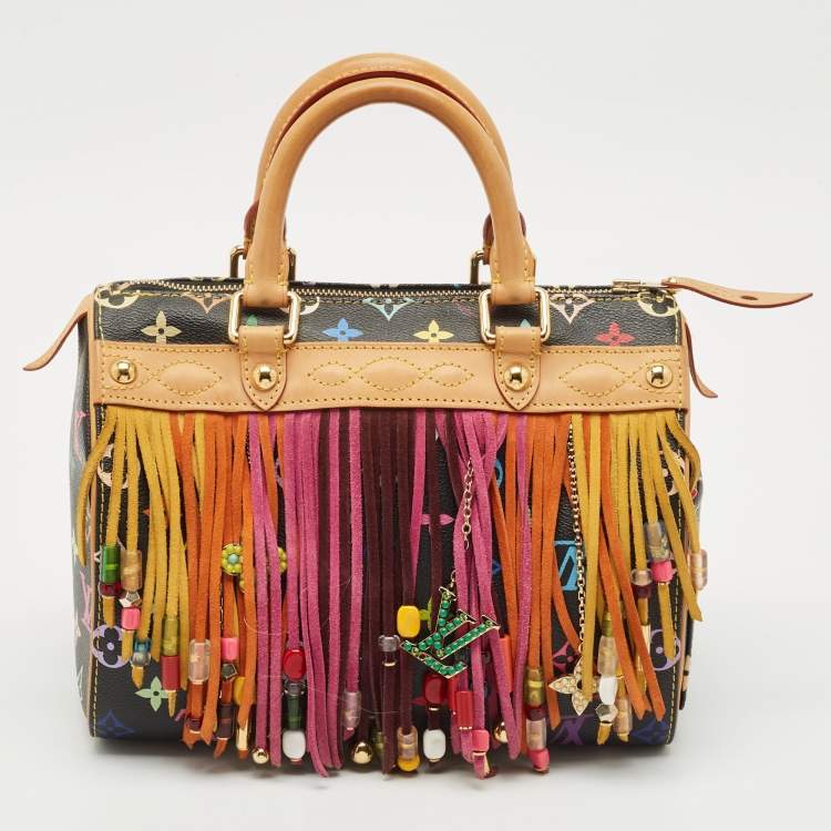 Pre Owned Louis Vuitton Black Monogram Multicolore Limited Edition Fringe Speedy 25 Bag