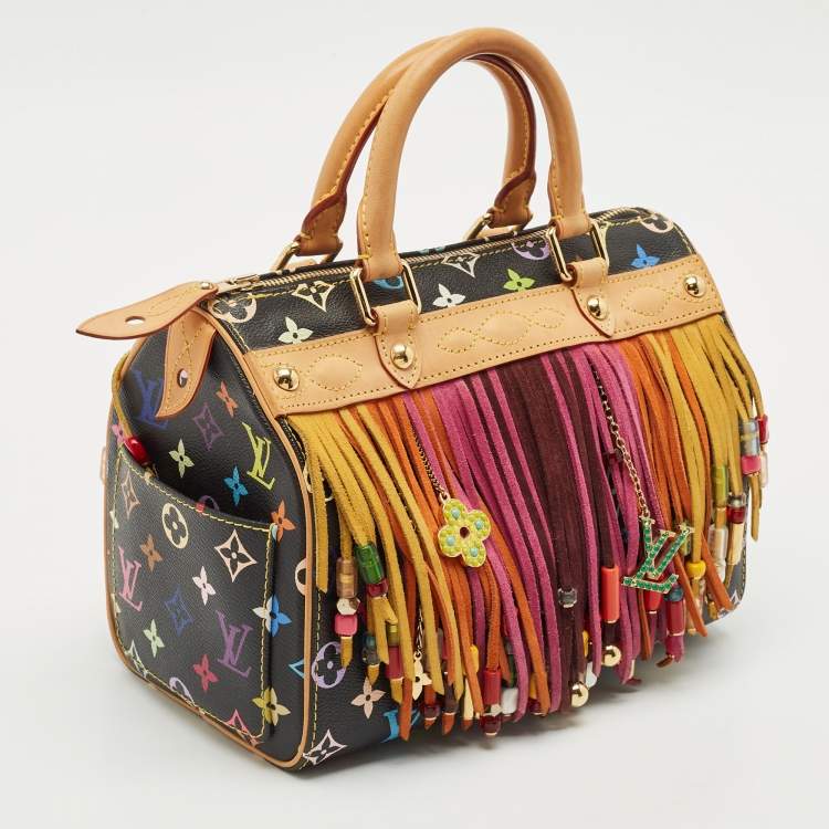 Pre Owned Louis Vuitton Black Monogram Multicolore Limited Edition Fringe Speedy 25 Bag